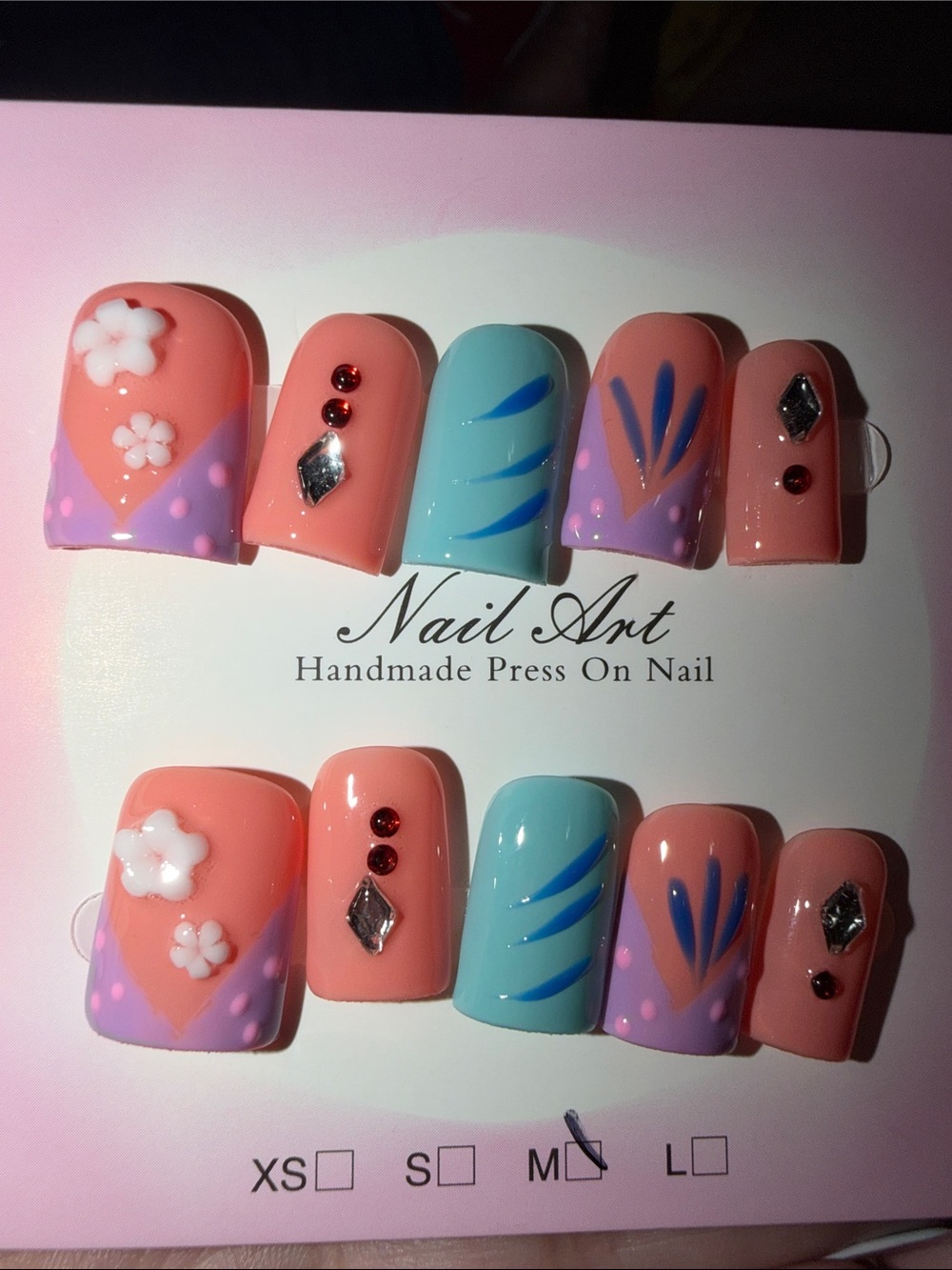 Handmade Press On Nail Set — Coral, Lavender & Mint Accents